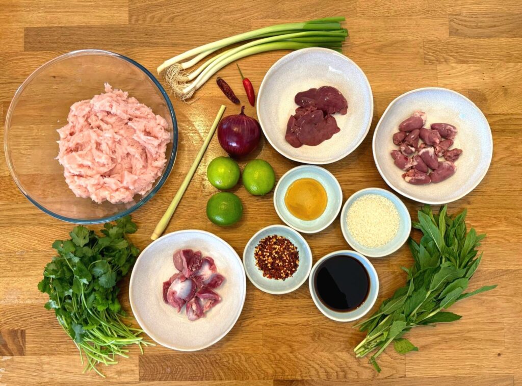 Overhead photo of ingredients needed to make this authentic Thai Chicken Larb with Giblets recipe
