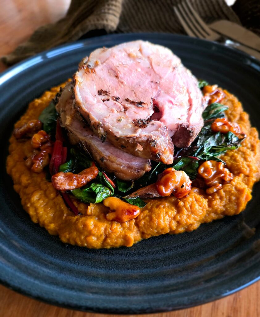 Serving suggestion: serving this Rainbow Chard with Candied Walnuts with my Carrot and Caramelised Onion Puree, and Boneless Lamb Shoulder Roast